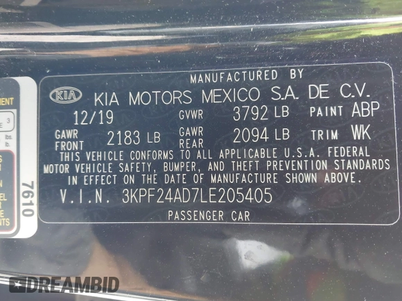 2020 Kia Forte LXS with VIN 3KPF24AD7LE205405, listed as a IAAI auction lot 41861517 with 96,497 mi miles and . Bid and sale history available at carsss.com. Image 9.