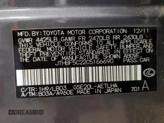 2012 Lexus IS 250 with VIN JTHBF5C22C5166690, listed as a Copart auction lot 46827125 with 98,001 mi miles and Salvage Title. Bid and sale history available at DreamBid. Image 12.