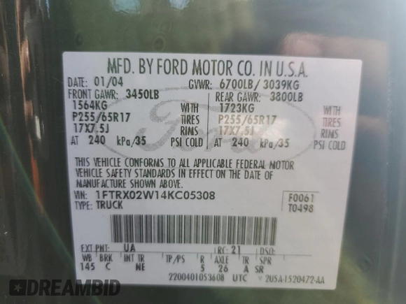 2004 Ford F-150 STX with VIN 1FTRX02W14KC05308, listed as a Copart auction lot 59561405 with 354,269 mi miles and Salvage title. Bid and sale history available at DreamBid. Image 12.