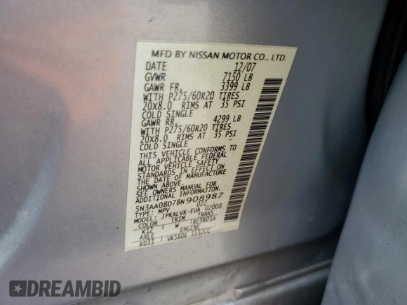 2008 Infiniti QX56 with VIN 5N3AA08D78N908987, listed as a Copart auction lot 53823375 with 124,422 mi miles and Clean Title. Bid and sale history available at carsss.com. Image 13.