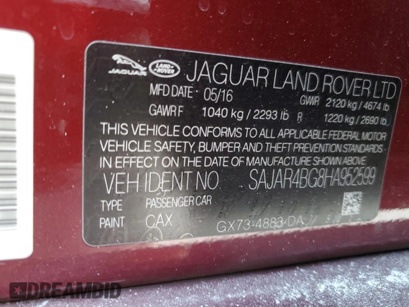 2017 Jaguar XE 25t with VIN SAJAR4BG8HA952599, listed as a Copart auction lot 86128584 with 33,022 mi miles and Salvage Title. Bid and sale history available at DreamBid. Image 14.
