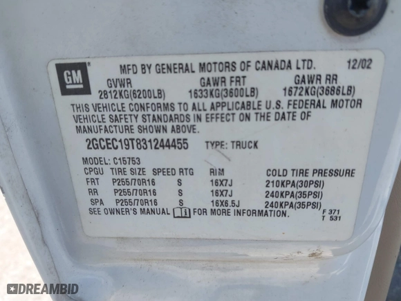 2003 Chevrolet Silverado 1500 LS with VIN 2GCEC19T831244455, listed as a IAAI auction lot 41746907 with 353,603 mi miles. Bid and sale history available at carsss.com. Image 9.
