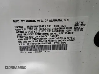 2019 Honda Pilot EX-L with VIN 5FNYF6H5XKB050512, listed as a Copart auction lot 57701295 with 49,031 mi miles and Salvage title. Bid and sale history available at DreamBid. Image 13.