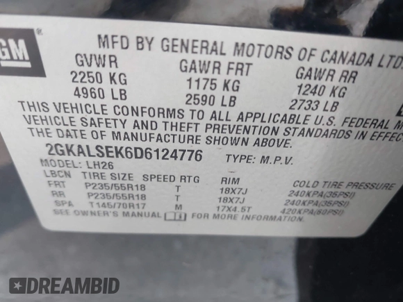 2013 GMC Terrain SLE with VIN 2GKALSEK6D6124776, listed as a IAAI auction lot 42588448 with 169,650 mi miles and . Bid and sale history available at DreamBid. Image 9.