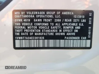 2014 Volkswagen Passat SE z VIN 1VWBT7A34EC061825, wystawiony jako Copart lot #59903665 z przebiegiem 185 542 mil mil oraz Szkoda całkowita • Salvage title. Historia ofert i sprzedaży dostępna na DreamBid. Obrazek 12.