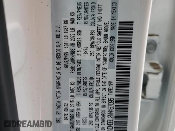 2022 Mazda CX-30 S Select with VIN 3MVDMBBL2NM457095, listed as a Copart auction lot 48400995 with 33,438 mi miles and Salvage Title. Bid and sale history available at DreamBid. Image 14.