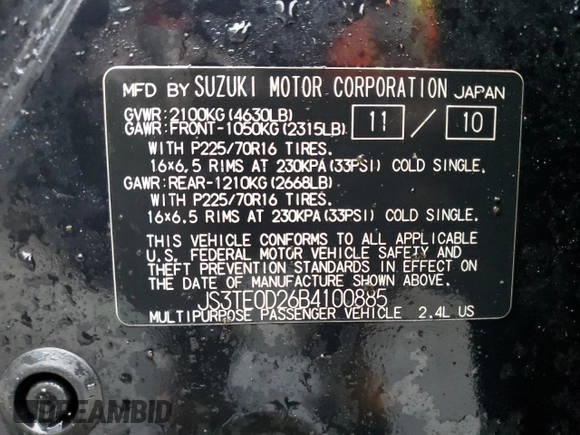 2011 Suzuki Grand Vitara Premium with VIN JS3TE0D26B4100885, listed as a Copart auction lot 88070405 with 175,694 mi miles and Salvage title. Bid and sale history available at DreamBid. Image 13.