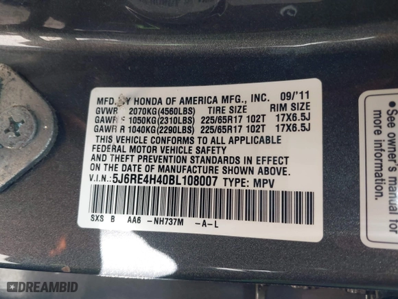 2011 Honda CR-V SE with VIN 5J6RE4H40BL108007, listed as a IAAI auction lot 41701030 with 125,813 mi miles. Bid and sale history available at carsss.com. Image 9.