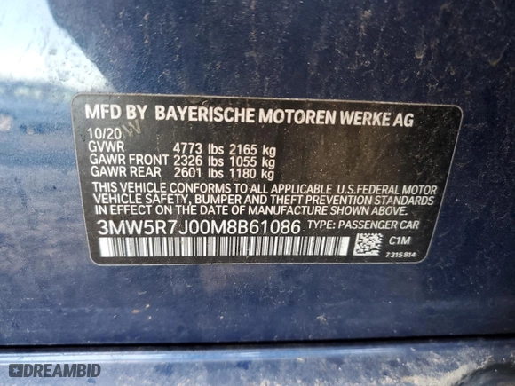 2021 BMW 3 Series 330i xDrive with VIN 3MW5R7J00M8B61086, listed as a Copart auction lot 82925374 with 53,202 mi miles and Non Repairable. Bid and sale history available at carsss.com. Image 12.