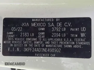 2022 Kia Forte LXS with VIN 3KPF24AD1NE498902, listed as a IAAI auction lot 41454410 with 24,008 mi miles. Bid and sale history available at carsss.com. Image 9.