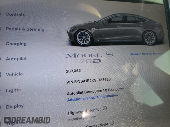 2016 Tesla Model S 90D with VIN 5YJSA1E2XGF133933, listed as a Copart auction lot 60736445 with 203,063 mi miles and Salvage title. Bid and sale history available at DreamBid. Image 9.