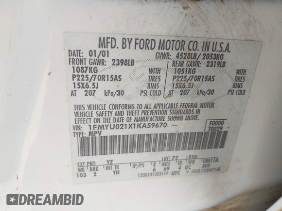 2001 Ford Escape XLS with VIN 1FMYU021X1KA59670, listed as a IAAI auction lot 42551801 with 189,058 mi miles and . Bid and sale history available at DreamBid. Image 9.