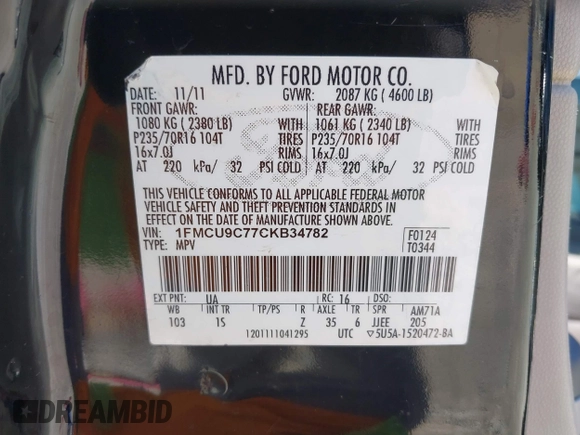 2012 Ford Escape XLS с VIN 1FMCU9C77CKB34782, выставлен на аукционе IAAI как лот 42314039 с пробегом 147 291 миль миль и . История ставок и продаж доступна на DreamBid. Изображение 9.
