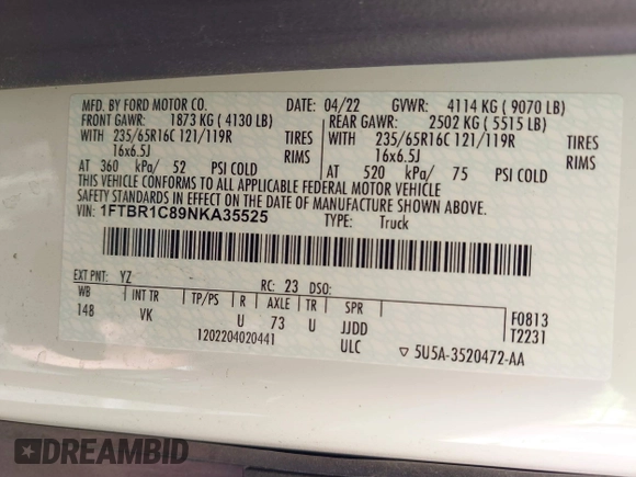2022 Ford Transit Cargo with VIN 1FTBR1C89NKA35525, listed as a IAAI auction lot 41852853 with Not Provided miles and . Bid and sale history available at DreamBid. Image 9.