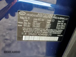 2019 Hyundai Santa Fe SE z VIN 5NMS2CAD4KH125270, wystawiony jako Copart lot #57273265 z przebiegiem 49 685 mil mil oraz Szkoda całkowita • Salvage title. Historia ofert i sprzedaży dostępna na DreamBid. Obrazek 13.