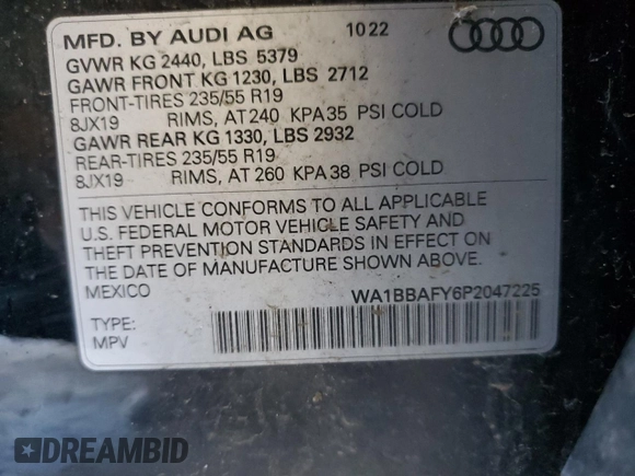 2023 Audi Q5 Premium Plus with VIN WA1BBAFY6P2047225, listed as a Copart auction lot 55093445 with 35,998 mi miles and Salvage title. Bid and sale history available at DreamBid. Image 13.