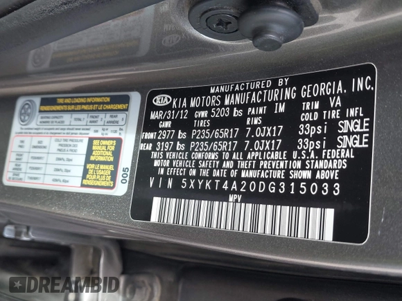 2013 Kia Sorento LX with VIN 5XYKT4A20DG315033, listed as a IAAI auction lot 41702643 with 123,011 mi miles. Bid and sale history available at carsss.com. Image 9.