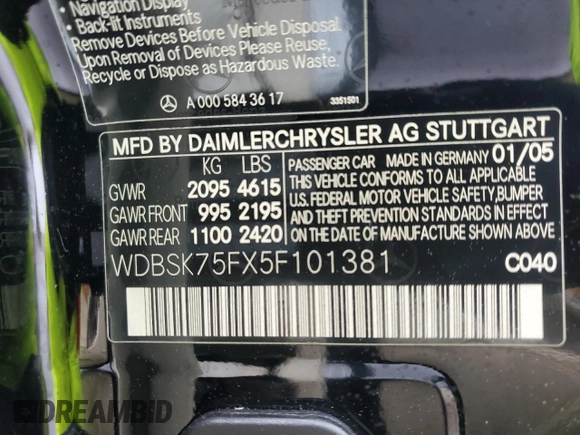 2005 Mercedes-Benz SL 500 z VIN WDBSK75FX5F101381, wystawiony jako Copart lot #57725655 z przebiegiem 45 705 mil mil oraz Szkoda całkowita • Salvage title. Historia ofert i sprzedaży dostępna na DreamBid. Obrazek 13.