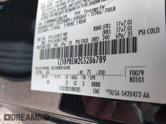 2012 Ford Mustang V6 with VIN 1ZVBP8EM2C5286789, listed as a IAAI auction lot 41558181 with 162,287 mi miles and . Bid and sale history available at carsss.com. Image 9.