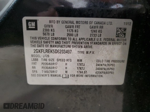 2013 GMC Terrain SLE with VIN 2GKFLREK5D6203497, listed as a Copart auction lot 59104475 with 197,731 mi miles and Non repairable. Bid and sale history available at DreamBid. Image 13.