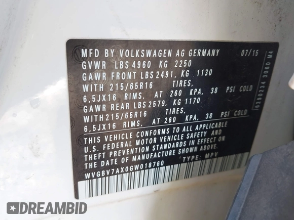 2016 Volkswagen Tiguan SE with VIN WVGBV7AX0GW018760, listed as a IAAI auction lot 41733586 with 60,743 mi miles and . Bid and sale history available at DreamBid. Image 9.