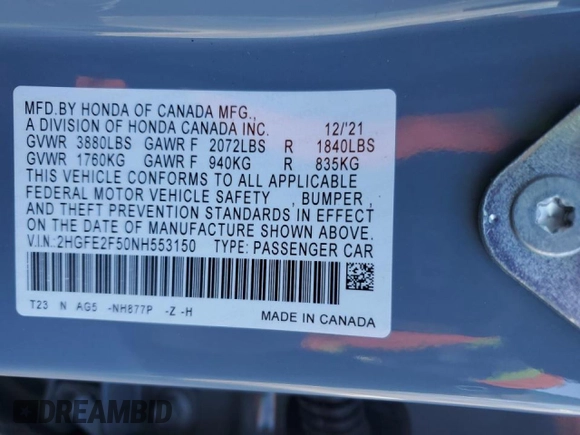 2022 Honda Civic Sport with VIN 2HGFE2F50NH553150, listed as a Copart auction lot 46809705 with 30,065 mi miles and Salvage Title. Bid and sale history available at carsss.com. Image 13.