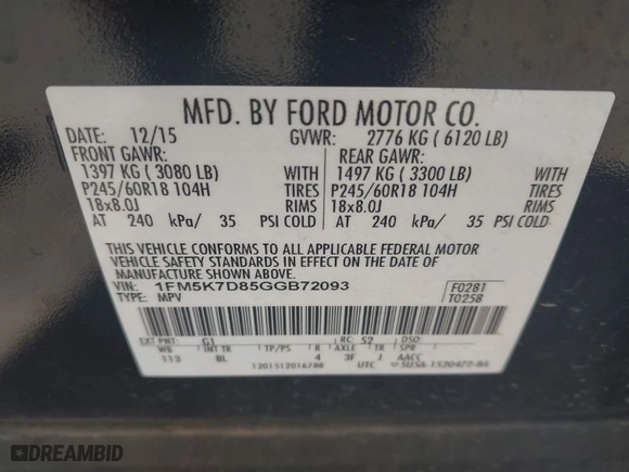 2016 Ford Explorer XLT with VIN 1FM5K7D85GGB72093, listed as a IAAI auction lot 41669756 with 61,603 mi miles. Bid and sale history available at carsss.com. Image 9.