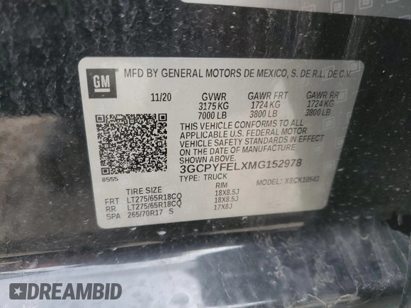 2021 Chevrolet Silverado 1500 LT Trail Boss with VIN 3GCPYFELXMG152978, listed as a Copart auction lot 43568205 with 51,475 mi miles and Salvage Title. Bid and sale history available at DreamBid. Image 14.