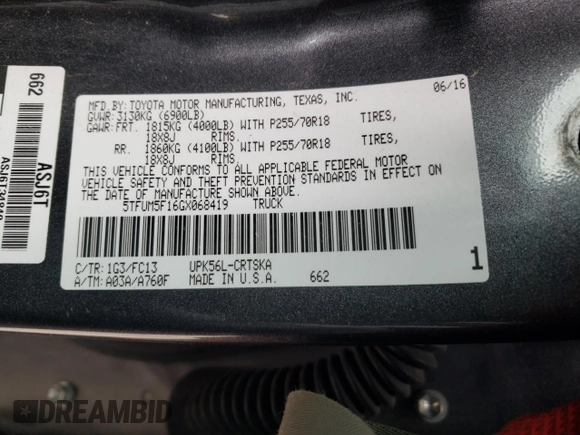 2016 Toyota Tundra 4WD Truck SR with VIN 5TFUM5F16GX068419, listed as a Copart auction lot 86825294 with 187,234 mi miles and Salvage Title. Bid and sale history available at carsss.com. Image 12.