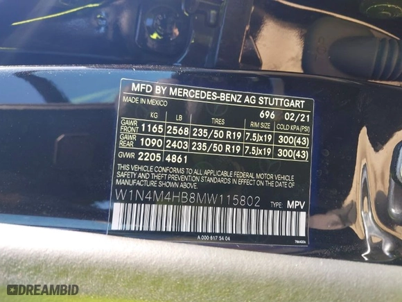 2021 Mercedes-Benz GLB with VIN W1N4M4HB8MW115802, listed as a IAAI auction lot 41738469 with 41,980 mi miles. Bid and sale history available at carsss.com. Image 9.
