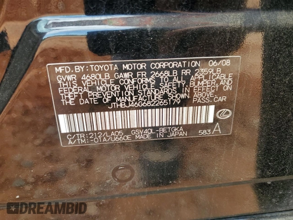 2008 Lexus ES 330 with VIN JTHBJ46G682265179, listed as a Copart auction lot 55491915 with 246,770 mi miles and Clean Title. Bid and sale history available at DreamBid. Image 12.