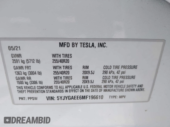 2021 Tesla Model Y Long Range with VIN 5YJYGAEE6MF196610, listed as a IAAI auction lot 41516909 with 30,431 mi miles. Bid and sale history available at carsss.com. Image 9.