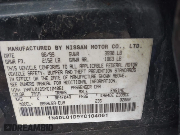 2000 Nissan Altima XE with VIN 1N4DL01D9YC104061, listed as a IAAI auction lot 41970227 with 176,515 mi miles and . Bid and sale history available at DreamBid. Image 9.