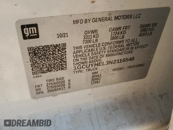 2022 Chevrolet Silverado 1500 High Country with VIN 1GCUYHEL3NZ116548, listed as a Copart auction lot 49336275 with 96,955 mi miles and Salvage Title. Bid and sale history available at DreamBid. Image 14.