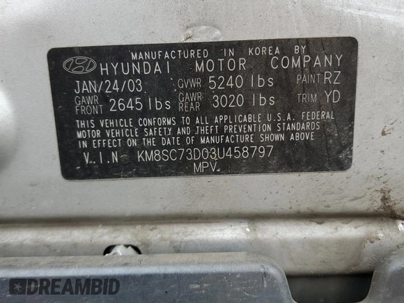 2003 Hyundai Santa Fe GLS with VIN KM8SC73D03U458797, listed as a Copart auction lot 69877294 with 0 mi miles and Salvage Title. Bid and sale history available at carsss.com. Image 13.
