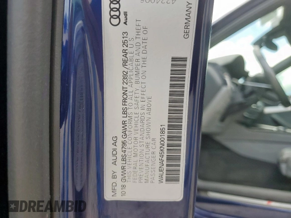 2019 Audi A4 Premium Plus with VIN WAUENAF45KN001851, listed as a Copart auction lot 61683595 with 79,444 mi miles and Salvage title. Bid and sale history available at DreamBid. Image 13.