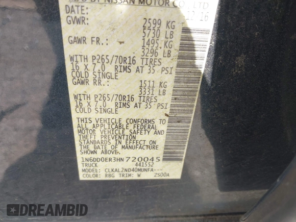 2017 Nissan Frontier Desert Runner with VIN 1N6DD0ER3HN720045, listed as a IAAI auction lot 42549793 with Not provided miles and . Bid and sale history available at DreamBid. Image 9.
