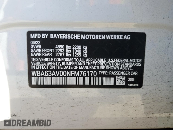 2022 BMW 4 Series 430i with VIN WBA63AV00NFM76170, listed as a Copart auction lot 49300505 with 37,469 mi miles and Salvage title. Bid and sale history available at DreamBid. Image 12.