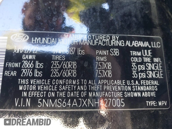 2022 Hyundai Santa Fe XRT z VIN 5NMS64AJXNH427005, wystawiony jako IAAI lot #41825727 z przebiegiem 35 435 mil mil oraz . Historia ofert i sprzedaży dostępna na DreamBid. Obrazek 9.