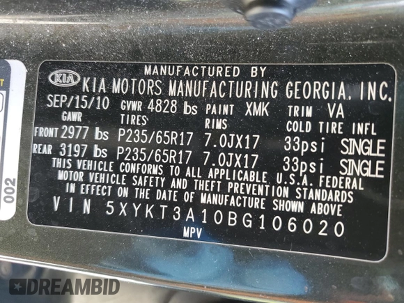 2011 Kia Sorento LX with VIN 5XYKT3A10BG106020, listed as a Copart auction lot 46151355 with 244,140 mi miles and Salvage Title. Bid and sale history available at DreamBid. Image 13.