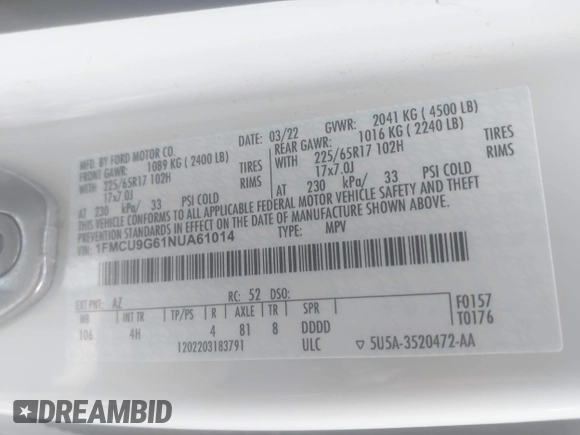 2022 Ford Escape SE с VIN 1FMCU9G61NUA61014, выставлен на аукционе IAAI как лот 42300004 с пробегом 182 352 миль миль и . История ставок и продаж доступна на DreamBid. Изображение 9.