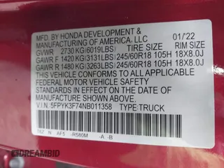 2022 Honda Ridgeline RTL-E with VIN 5FPYK3F74NB011358, listed as a IAAI auction lot 41431157 with 26,116 mi miles and . Bid and sale history available at DreamBid. Image 9.