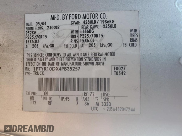 2004 Ford Ranger XL with VIN 1FTYR10DX4PB35257, listed as a Copart auction lot 53169905 with 112,227 mi miles and Salvage title. Bid and sale history available at DreamBid. Image 13.