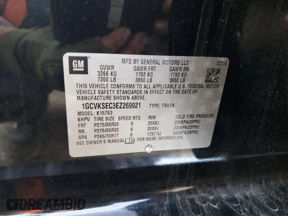 2014 Chevrolet Silverado 1500 LTZ with VIN 1GCVKSEC3EZ269921, listed as a Copart auction lot 84896084 with 136,671 mi miles and Salvage Title. Bid and sale history available at DreamBid. Image 12.