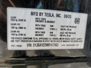 2021 Tesla Model S Long Range Plus z VIN 5YJSA1E29MF417453, wystawiony jako Copart lot #61480025 z przebiegiem 83 526 mil mil oraz Szkoda całkowita • Salvage title. Historia ofert i sprzedaży dostępna na DreamBid. Obrazek 13.