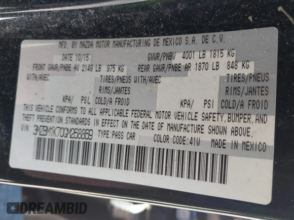 2016 Mazda 3 i Sport with VIN 3MZBM1K70GM268869, listed as a IAAI auction lot 41445402 with 167,492 mi miles and . Bid and sale history available at DreamBid. Image 9.