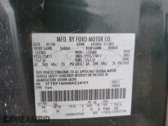 2008 Ford F-150 XL with VIN 1FTRF14W68KE24101, listed as a Copart auction lot 44612415 with 805,525 mi miles and Clean Title. Bid and sale history available at carsss.com. Image 12.
