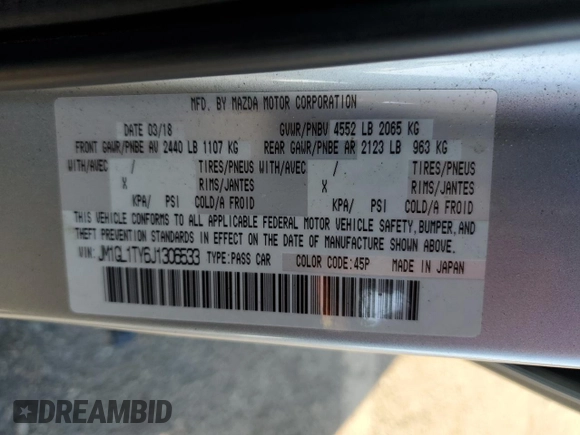 2018 Mazda 6 Grand Touring with VIN JM1GL1TY6J1306533, listed as a Copart auction lot 54505105 with 66,239 mi miles and Non Repairable. Bid and sale history available at DreamBid. Image 12.