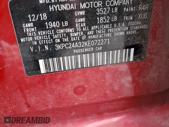 2019 Hyundai Accent SE with VIN 3KPC24A32KE072271, listed as a Copart auction lot 84085424 with 0 mi miles and Salvage Title. Bid and sale history available at carsss.com. Image 12.