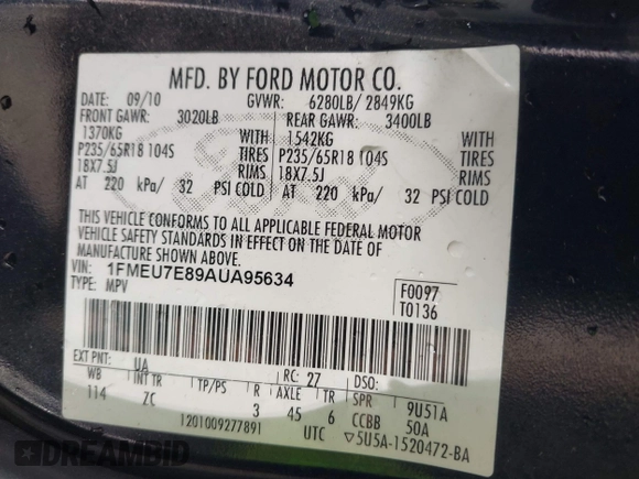 2010 Ford Explorer Eddie Bauer z VIN 1FMEU7E89AUA95634, wystawiony jako IAAI lot #40824094 z przebiegiem Nie podano mil oraz . Historia ofert i sprzedaży dostępna na DreamBid. Obrazek 9.